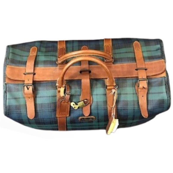 W RALPH LAUREN Black Watch Boston Travel Bag Coated Canvas Waxed Leather 52cm - Picture 3 of 17